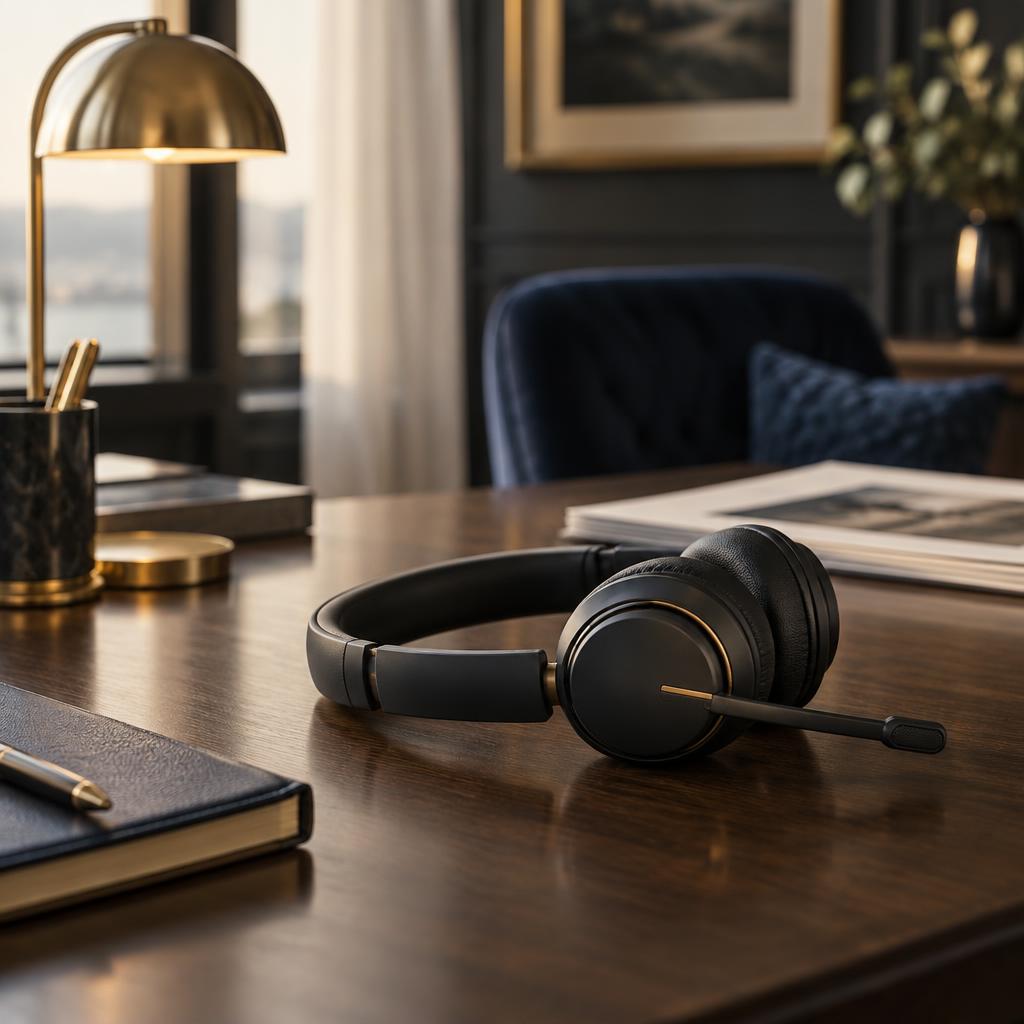 A professional headset resting on a dark wooden desk beside a lit brass lamp