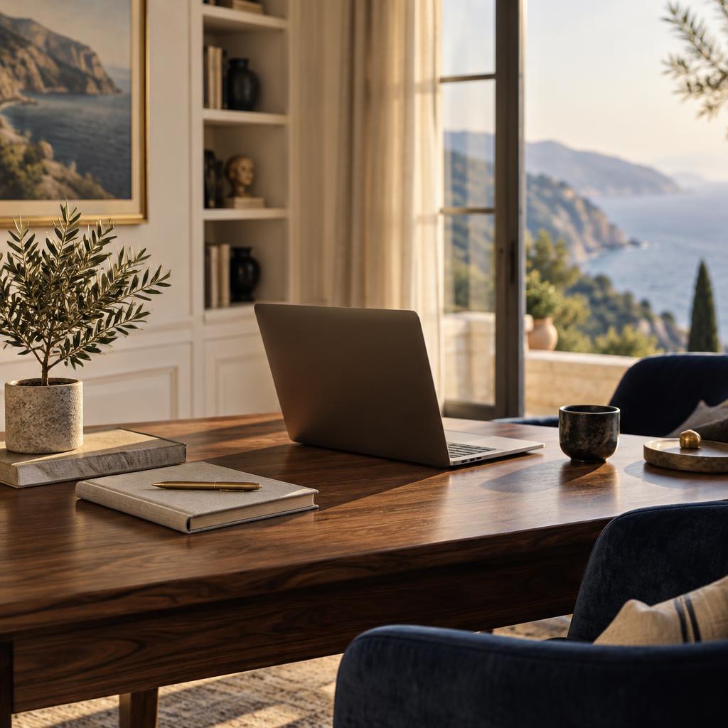 An open laptop on a walnut desk beside a potted olive tree, coastal light through tall windows