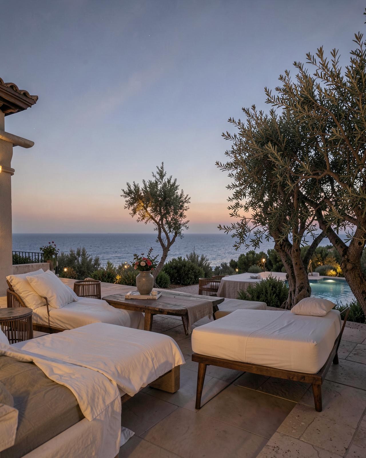 A private terrace at dusk overlooking a coastal village