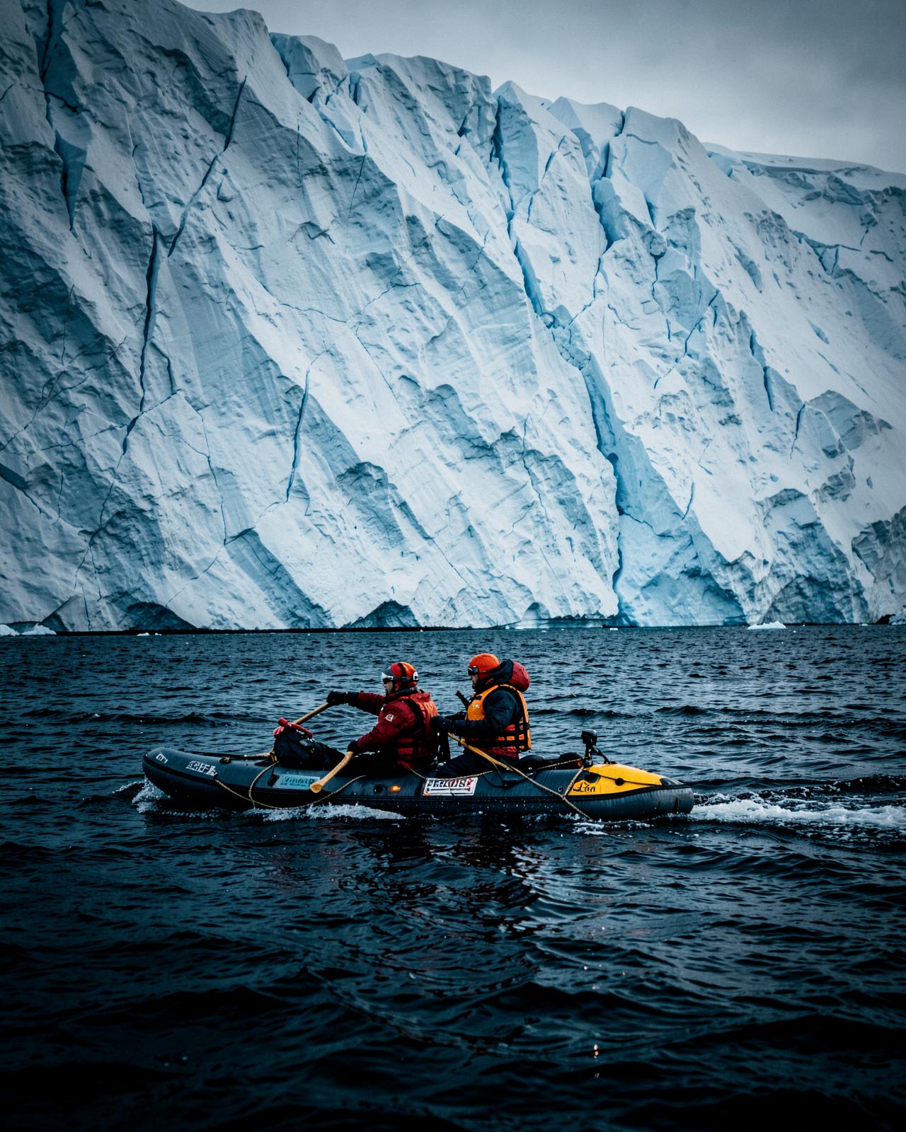 An expedition ship anchored beside a blue glacier