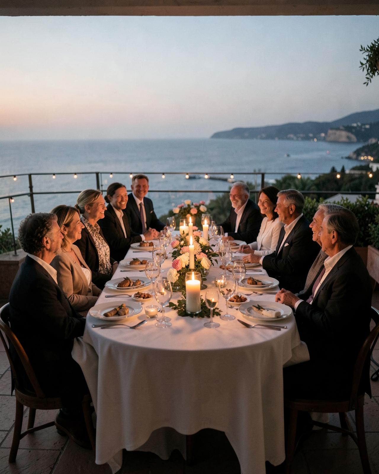 A long candlelit dinner table set outdoors for a private group