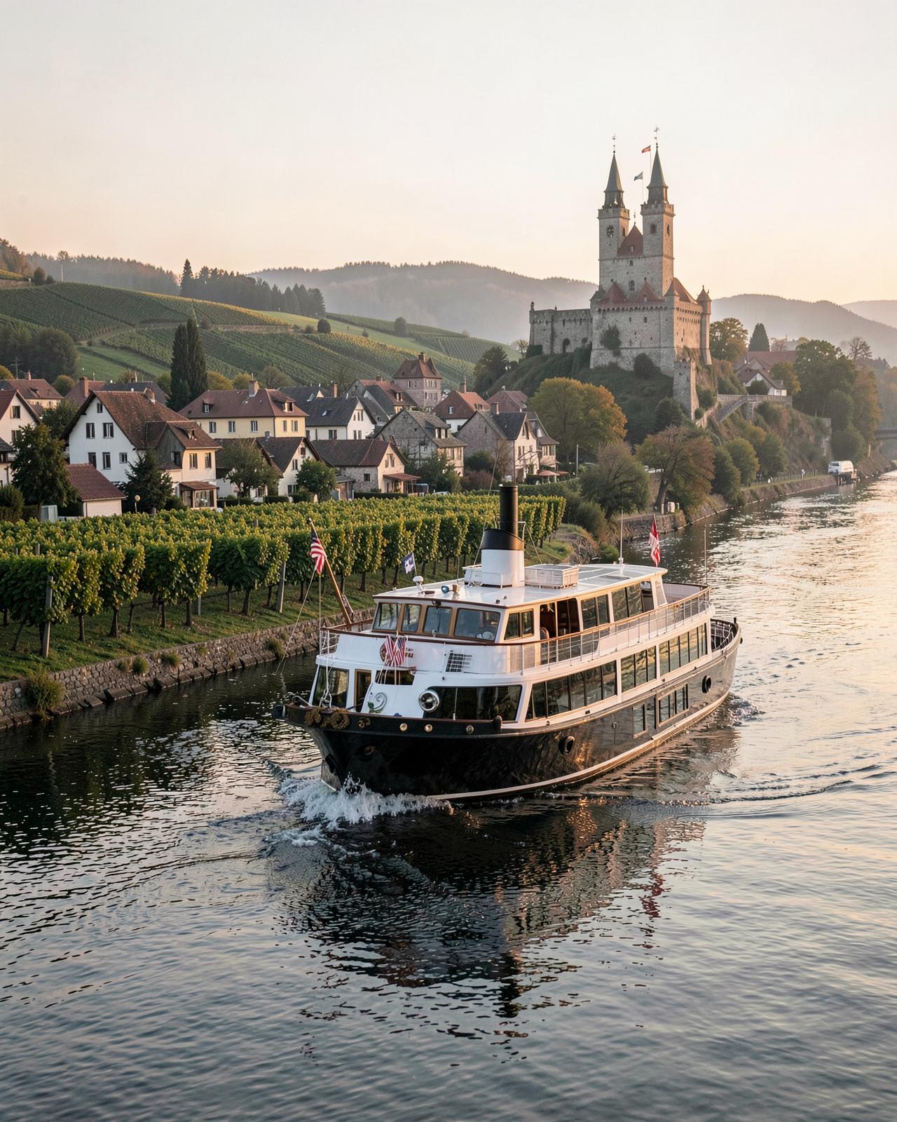 A river ship gliding past terraced vineyards at sunrise