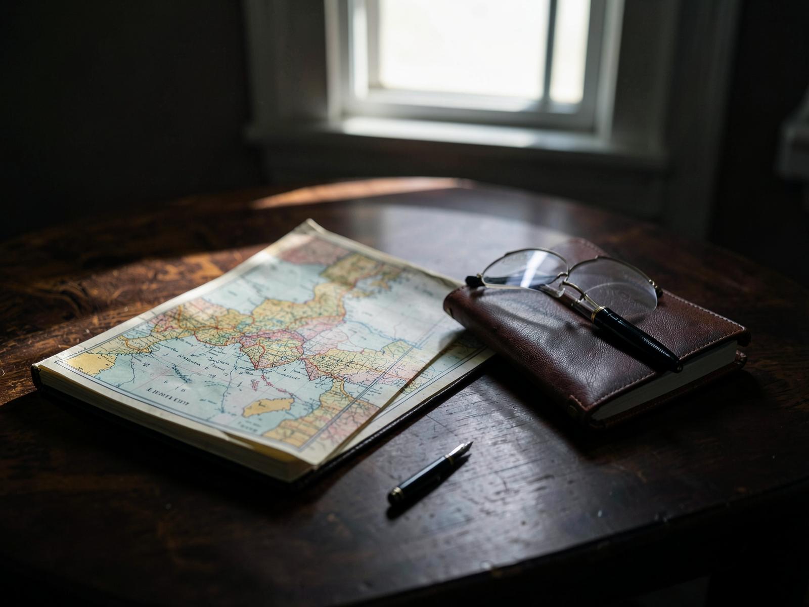 A quiet study with maps and travel notes on a writing desk